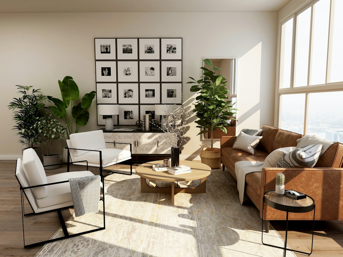 Warm neutral living room with carefully arranged furniture